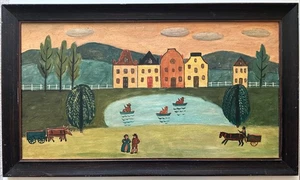 Volkskunst primitives Ölgemälde auf Karton frühes niederländisches Dorf gerahmt 33,5”x19,5” - Bild 1 von 8