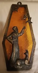 Stained Glass & Metal Wall Hanging Monk With Birds & Deer 9" Long x 4" Wide - Picture 1 of 6