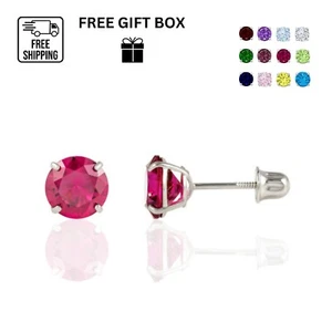 14K Solid White Gold 4mm Round Birthstone Stud Earrings with screw back - Picture 1 of 19