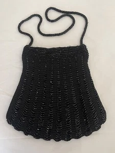 Vintage Black Beaded Purse Hand Bag with Fixed Strap - Picture 1 of 10