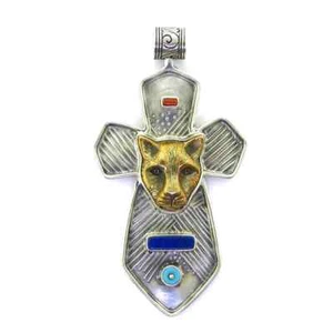 Tabra Silver Cross Jaguar Talisman Coral Lapis Lazuli - Picture 1 of 1