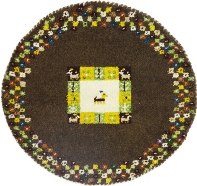 Small Brown Tribal Pictorial Indo-Gabbeh Round Rug Plush Oriental Carpet 2X2 ft - Image 1 of 4