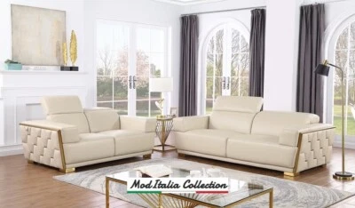 GENUINE Italian Leather Beige Gold 2PC Sofa Loveseat Contemporary Living Room - Image 1 of 4