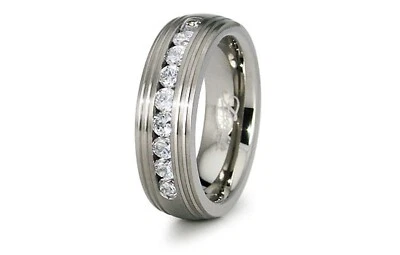 8mm Men's Titanium Ring Band Channel Center Eternity Segment CZ Stones Line Deta - Image 1 of 2