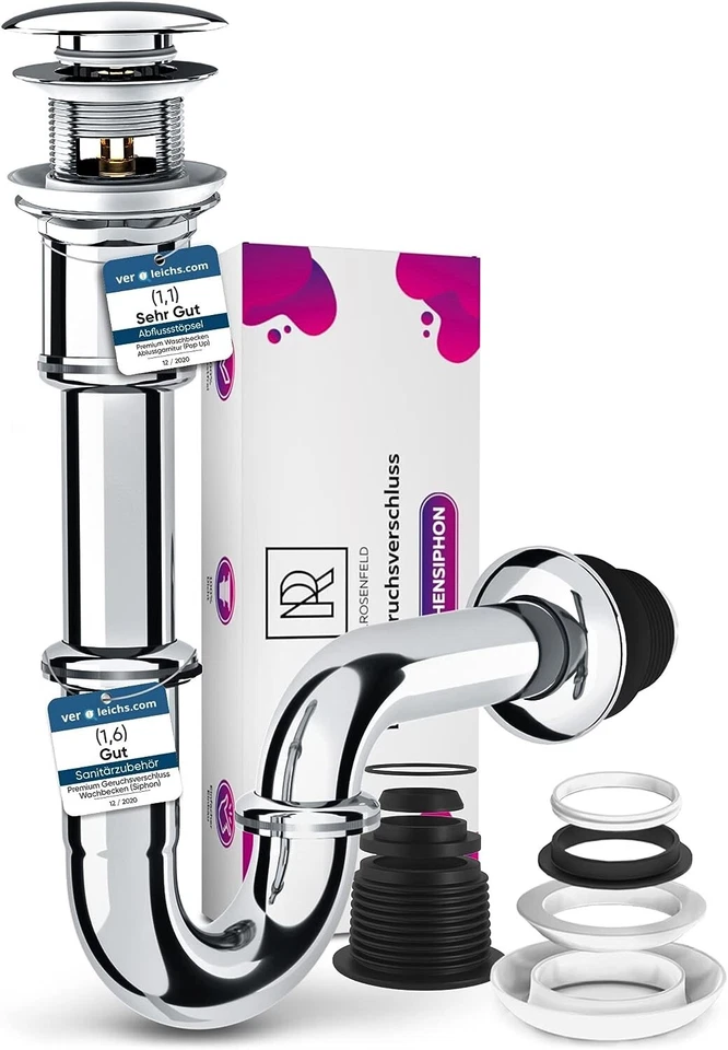 Siphon Waschbecken Edelstahl POP UP Ablaufgarnitur mit Überlauf M. ROSENFELD