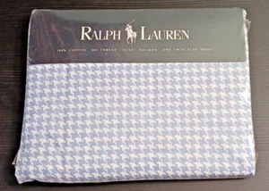 NOS Vintage Polo Ralph Lauren Blue Addison Houndstooth Flat Sheet Twin USA - Picture 1 of 18