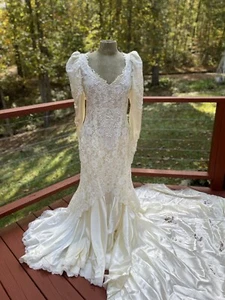 Vintage Custom Victorian Style Ivory Satin Lace & Pearl Beaded Wedding Gown 14 - Picture 1 of 14