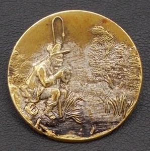 Antique Picture Button Stamped Brass Man Fishing by Stream River 1 1/8" - Picture 1 of 10