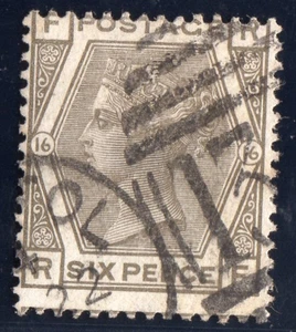 GB QV 1876 6d GREY PL.16 SG 147 Wmk SPRAY c £90 BRISTOL CANCEL - Picture 1 of 2