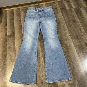 Good American Good Legs Schlagjeans Indigo Damen Größe 10/30 Patchwork Tasche - Bild 1 von 15