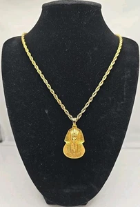 Egyptian Pharaoh King TUT Metal Pendant Necklace Gold Tone Rope Chain 24" - Picture 1 of 9