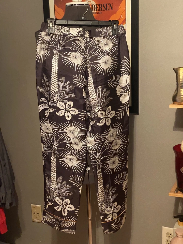 Pantalón J Crew Mujer Talla 0 Negro Blanco Dorado Floral Seda Pierna Recta Resort Playa Foto 1 de 4