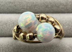 Artisan Crafted Opal 6MM Beads Gold Filled Wire Wrapped Ring Size 3.5 - Foto 1 di 7