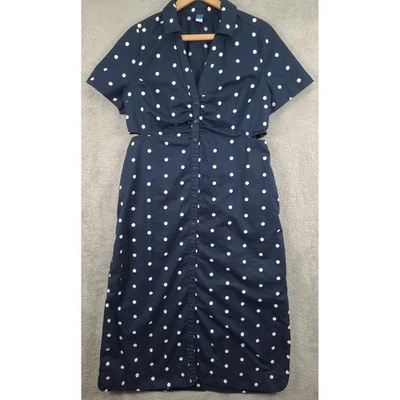 Old Navy Womens Navy Blue Polka Dot Midi Shirt Dress Sz Lg with Cut Out Nautical - Image 1 of 4