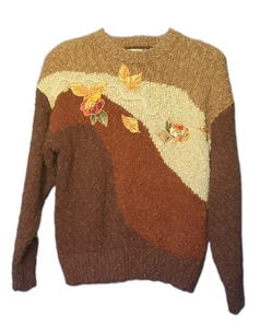 Maglione maglia grossa vintage anni 80 90 taglia Med Nubby autunno fiori applique ricamo - Foto 1 di 13