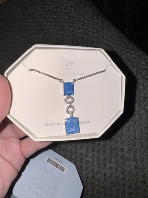 Bomb Party- OG Necklace- Say It Again- Rhodium And Aqua Blue Ice Crystal - Image 1 of 3