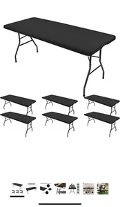 BLACK 6 ft FITTED SPANDEX Rectangular TABLE TOP COVER Wedding Events BRAND NEW - Picture 1 of 5