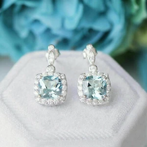 4Ct Cushion Cut Lab Created Aquamarine Drop & Dangle Earrings 14K White Gold Fn - Foto 1 di 3