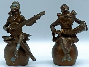Vintage Pair of Musician Figurines Bronze Finish Spelter Metal Lady & Man - Picture 1 of 7