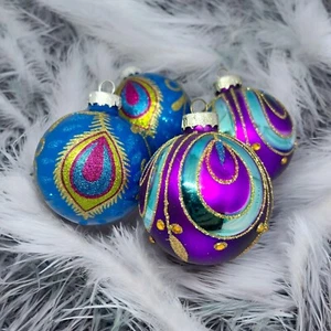 Christmas Ornaments Blue Purple Glass Peacock Feathers Glittered Decor Set of 4 - Picture 1 of 8