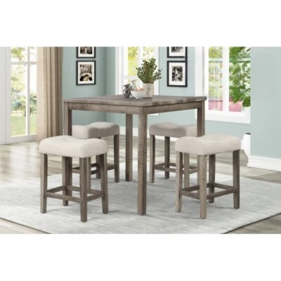 Antique Oak 5PC Counter Dining Set, Solid Wood Table, Tufted Kitchen Stool Set - Image 1 of 4