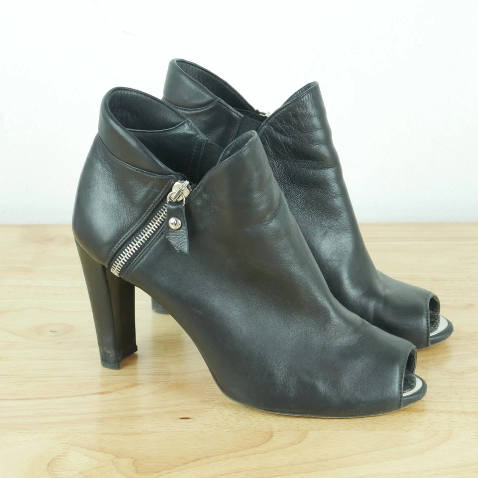 Stuart Weitzman Size 10 Ankle Boot Peep Toe Side Zip Black Bootie Leather Heels - Image 1 of 4