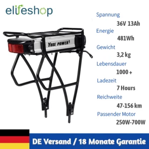 36V 13Ah (481Wh) E-Bike Akku Li-ion Pedelec Gepäckträgerbatterie V-Bremse - Bild 1 von 10