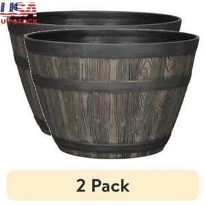 2 Pack Resin Whiskey Barrel Planter W/ Drainage Indoor Outdoor Gardening Pot New - Picture 1 of 9