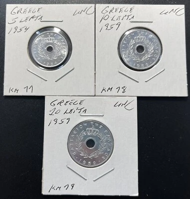 Greece 1954 5 Lepta/1959 10 Lepta/1959 20 Lepta Coins: Lot of 3 - Image 1 of 2
