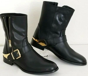 🌞CHARLES DAVID BLACK NAPPA LEATHER REMIAN MOTO BOOTS MADE IN ITALY SZ 8🌺NEW! - Picture 1 of 10