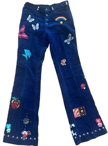 Vintage 70s Jeans Hippie Patches Bell Bottom Groovy Love Mushroom Butterfly - Picture 1 of 9