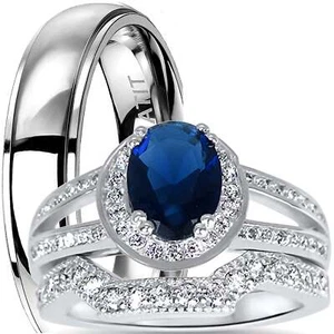 His and Her Blue Sapphire Sterling Silver Titanium Wedding Ring Set - Picture 1 of 5