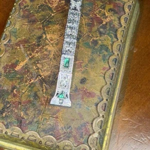 Rare Antique ladies ArtDeco Sentinel Filigree Watch Bracelet W Emeralds - Picture 1 of 9