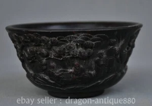 5.2" Ancient China Ebony Wood Carved Fengshui Pine Tree Peach Flower People Bowl - Picture 1 of 14