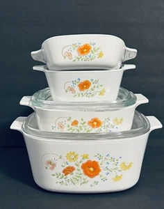 Corning Ware Wildflower 4-teiliges Auflaufgeschirr Set mit 2 Pyrex Glasdeckel - Bild 1 von 12