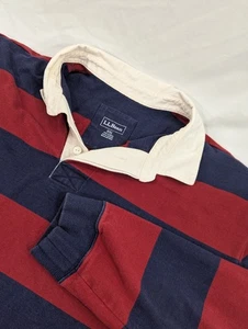 LL Bean Rugby Polo Shirt Heavy Cotton Long Sleeve Red Blue Striped Mens 2XL - Picture 1 of 8