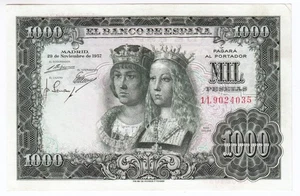 ESPAÑA 1000 Pesetas 29 noviembre de 1957 REYES CATOLICOS Sin circular 1L9024035 - Picture 1 of 2