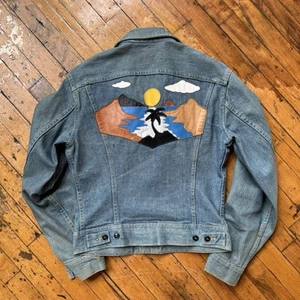 Vintage 70s LEE Denim & Leather Applique Small Trucker Jacket 1970s Hippy - Picture 1 of 13