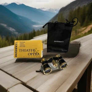 VINTAGE BUSHNELL 3 X 25 GOLD & BLACK THEATER OPERA GLASSES W CARRY CASE & CHAIN - Picture 1 of 6