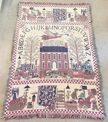 VTG Goodwin Angel ABCs Tapestry Throw Blanket Fringe 1996 Ellen Stouffer 68”x46” - Image 1 of 4