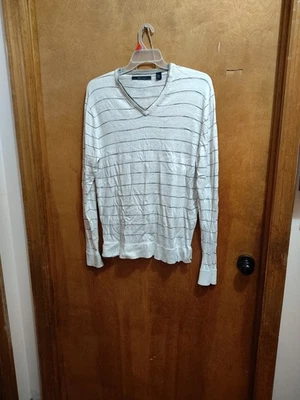 Perry Ellis Mens Sweater Size L V-neck Pullover Long Sleeve White Gray Stripes  - Image 1 of 4
