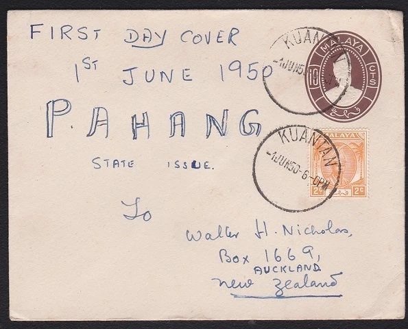 Sobre MALAYA PAHANG 1950 2c sobre 10c - Primer día KUANTAN a Nueva Zelanda...D6422 Foto 1 de 1