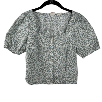 Levis Shirt Womens XS Green Blue Floral Puff Sleeve Button Up Top Cottage Core - Image 1 of 4