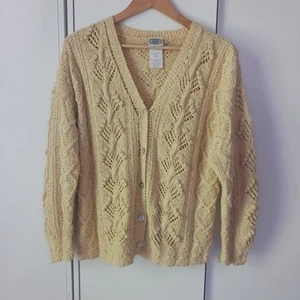 Vintage Laura Ashley Sweater Off White Cardigan Textured Cable Knit Bobble Large - Picture 1 of 8