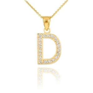 14k Solid Yellow Gold Diamonds Monogram Initial Letter D Pendant Necklace  - Picture 1 of 7