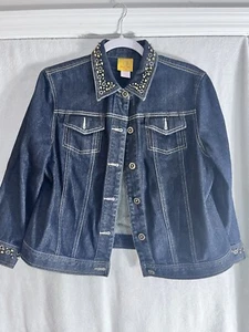 Women’s Ruby Red Jeweled Denim Jean Jacket Size 12p Flawless Condition - Picture 1 of 4