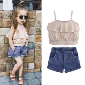Toddler Kids Baby Girls Ruffle Sleeveless Tank Shorts Outfits Summer Clothes Set - Picture 1 of 11