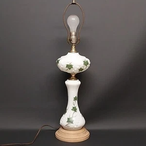 Milk Glass Table Lamp Hand-Painted Green Ivy 3-way Switch Wood Base 21" No Shade - Picture 1 of 7