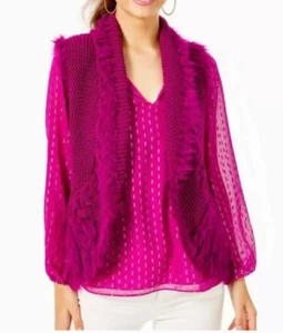Lilly Pulitzer Torini Chunky Knit Sweater Vest Fuchsia Pink Faux Fur Trim Fringe - Picture 1 of 15