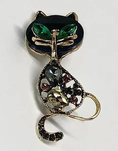 Black Cat Kitty Golden Sparkling Rhinestone Brooch Pinback Lapel Pin - Picture 1 of 2